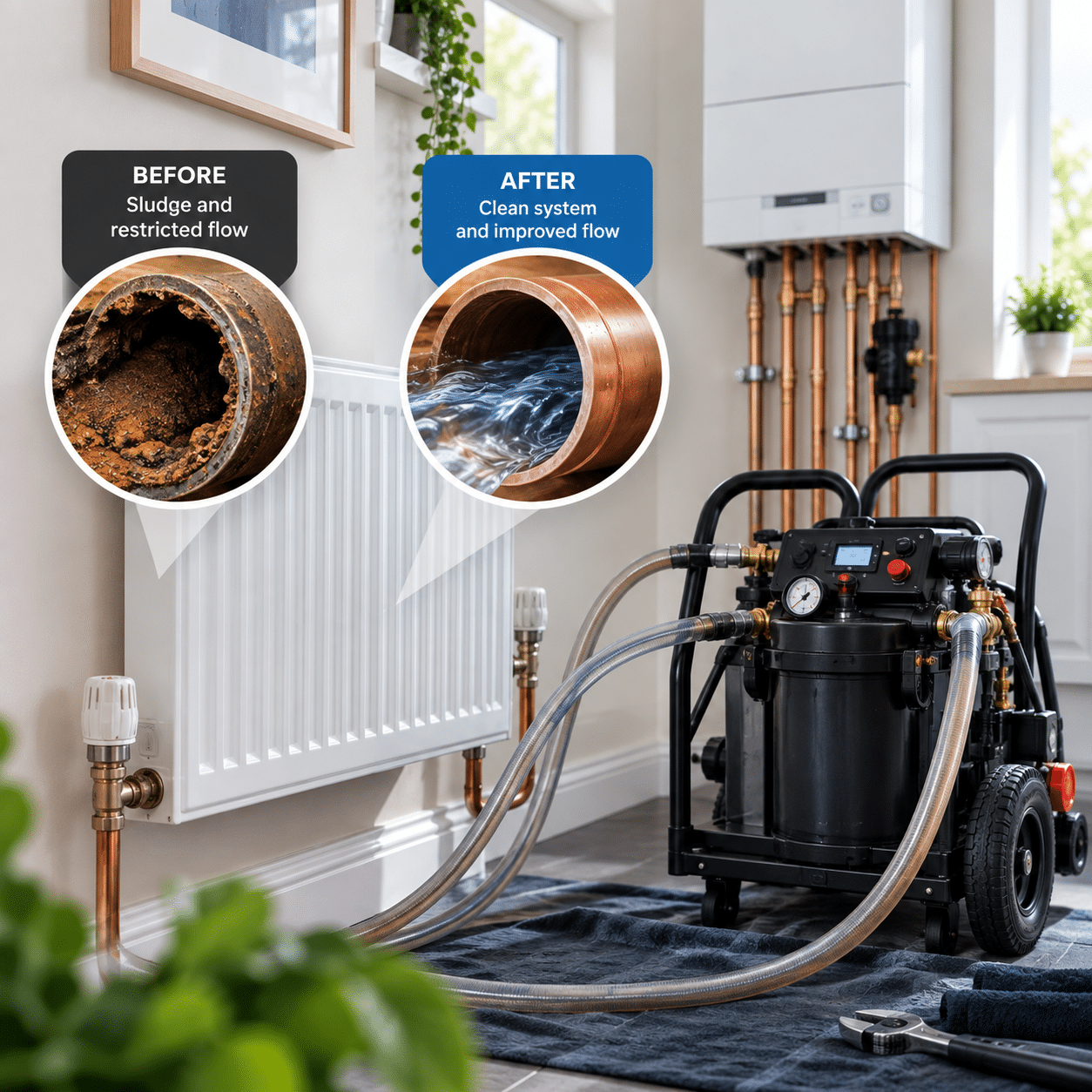 Before and after power flushing